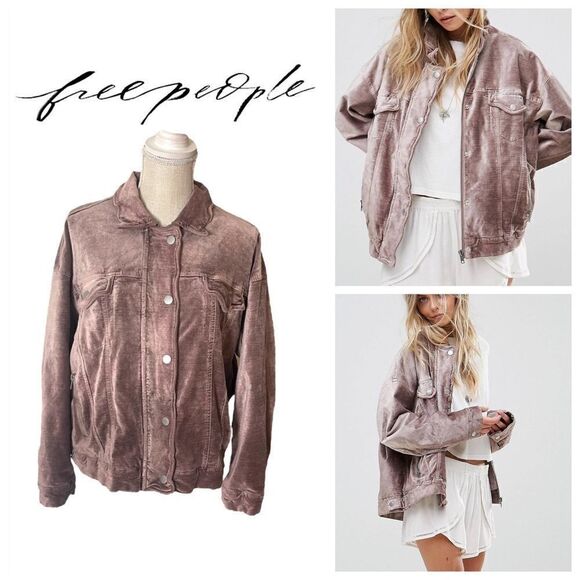 Free People Velvet Finish Trucker Jacket in Dusty Mauve - Picture 1 of 16